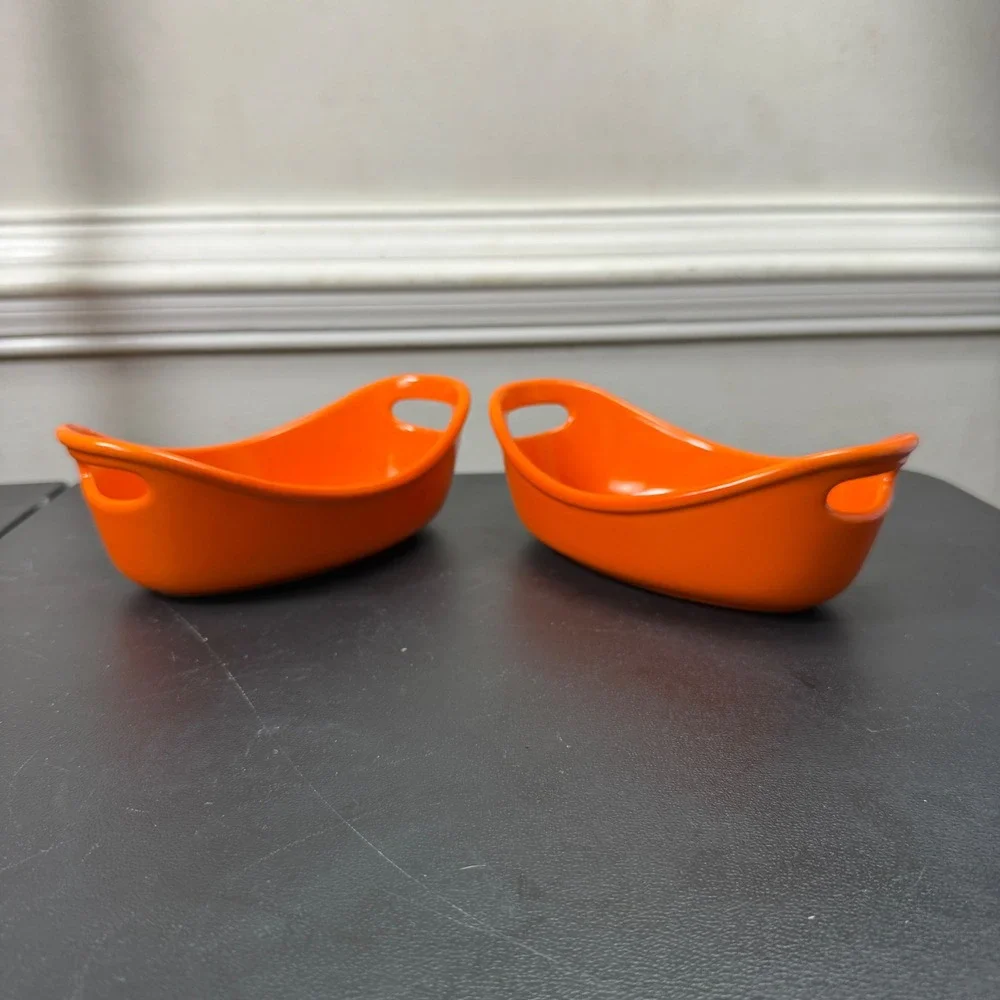 Set of 2 Rachael Ray Ramekins 12oz Orange Modern Stoneware Oval Bakers